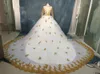 Gold Lace Ball Gown Wedding Dresses With Illusion Long Sleeves Beaded Sequins Sheer Neckline Hollow Bridal Dress Wedding Gowns Plus Size