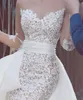 NEU VESTIDO Kurzer Spitze Tüll Langarmscheide Hochzeitskleid transparente Party Sexy Brautkleider Custom Applikes Abnehmbarer Zug1377543