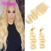 Bundles de vague de corps Yirubeauty de cheveux humains malaisiens avec fermeture en dentelle 4X4 avec extensions de cheveux de bébé 10-30 pouces blond 613 # vague de corps 4 par 4