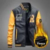 Winter Motorcycle Fleece Leather Jacket Men Embroidery Casual Baseball Coats College   Pilot Leather Jackets 4XL