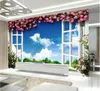 foto personalizado papel de parede 3d mural de parede Céu azul e nuvens brancas grama verde flor rosa romântico janela bonito papel de parede