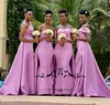 アフリカのワンショルダーブライドメイドのドレスロングプリーツサテンオーバースカート結婚式ゲストガウンバックジッパーメイドの名誉ドレスカスタマイズvestidos