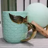 Copos de leite de café-da-manhã com ouro prata alça de viagem canecas cauda de sereia cauda cerâmica criativa xícara de chá xícara de chá caneca BC BH1098