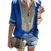 PUS 크기 탑스 여름 패치 워크 여성 블라우스 레이스 셔츠 튜닉 여성 면화 느슨한 얇은 블라우스 Boho 인쇄 하프 슬리브 블루스