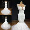 Elegant Wit Fancy Full Lace Mermaid Trouwjurken Real Image Cap Mouw Sheer Neck Rugloze Bruidsjurken met Button Covered Vestidos