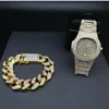 2cm Hip Hop Men Bracelets Gold Color Iced Out Crystal Miami Cuban Chain Gold Silver Men watch +Bracelet set Hip Hop King New