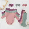 Ropa para niña pequeña, mameluco liso, pantalones acampanados, diadema, conjuntos de 3 uds, conjuntos de algodón de manga larga para niñas, ropa de Boutique para bebé LSK645