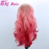 Hand bundet ombre rosa lång vågig 360 spets full hår peruk sida del glödlöst syntetiska spets fram peruker för cosplay smink