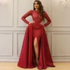 Dubai Arabic Elegant Mermaid Prom Dresses with Detachable Train Jewel Neck Long Sleeves High Side Split Evening Gowns Formal Dress ogstuff