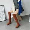 Hot Sale-Thigh High Over The Knee Boots For Women Shoes Stretch Fabric Square Toe Flat Heels Long Boots Bottine Femme Booties