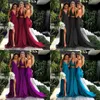 Sexig Gold Beach Bridesmaid Dresses V Neck Side Split Empire Evening Kappor Golvlängd Bröllop Gästklänning