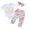 Beau bébé bébé fille 3 pièces / Set Lettre à manches courtes blanche Pantalon Haut Triangle Fleur Ceinture cheveux L433