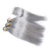 Capelli umani vergini peruviani grigio argento 3 pezzi offerte con chiusura superiore chiusura frontale in pizzo 4x4 color grigio dritto serico con intrecci