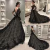 Vintage Black Gothic Wedding Dresses 2020 Long Sleeve V Neck Sweep Train Lace Illusion Bodice Garden Country Bridal Gowns Wedding Party Wear