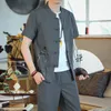 5XL Summer Cotton Linen Short-sleeved Men Shirt And Drawstring Strap Ankle Length Pants Chinese Style Men Two-piece Set XXXXXL