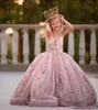 2020 Prinsessan Spaghetti Rem Appliques Beaded Flower Girls Dresses Lace-up Back Pearls Long Ball Gown Girls Pageant Födelsedagsklänning