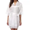 Sexy Lingerie Plus Size Satin Lace Kimono Sleepwear Robe Ladies Sexy belt Silk Night Dress Nighties V-neck Nightgown