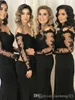 Chegada nova elegante mangas compridas preto sereia vestidos de dama de honra de renda lace applique alto lado dividido casamento vestido vestido de honra