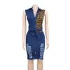 Songsaning Abito jeans taglie forti Donna Sexy scollo a V Patchwork leopardato Strappato Con lacci Elegante abito longuette in denim da donna da ufficio stile africano