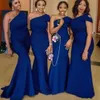 Blau Eine Schulter Meerjungfrau Brautjungfernkleider Sweep Zug Einfache African Garden Country Hochzeitsgast Kleider Trauzeugin Kleid Plus Größe