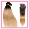 Extensions de cheveux vierges brésiliens 1B / 27 Ombre cheveux humains 3 faisceaux avec fermeture à lacet 4X4 droite 4 pièces / lot 1B 27 produits capillaires