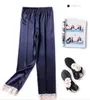 Femme imité soie pyjama pantalon femmes loisirs glace soie dentelle maison pantalon dame long pantalon sommeil bas taille m-xl221x