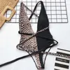 New Leopard Bikini Deep V-neck Bathing Suit Women Monokini String Sexy Swimsuit One Piece Bodysuit High Cut Swimwear Women