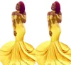 Yellow Mermaid Black Girls Prom Dresses Long With Sleeves High Neck Off The Shoulder Floral Embroidered Evening Gowns Special Occasion Dress