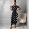 2024 Designerklänningar Summer Women Short Sleeve BodyCon Maxi Dress 2x Fashion Black White Paneled Print kjol Sexig Night Club Party Wear Spring Clotle 2780-7