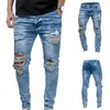 Mens rippade jeans för män casual svart blå skinny slim fit denim byxor biker hip hop jeans med sexiga holel denim byxor