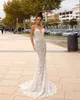 Sheer pescoço vestidos de casamento sereia com laço de trem destacável apliques boho vestidos de noiva lantejoulas sexy praia vestido de noiva vestes de mariée