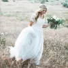 2020 Krótkie rękawy Koronki Linia Suknie Ślubne Załoga Neck Tulle Ruched Boho Country Wedding Birdal Suknie BC0758