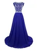 Royal Blue Custom Made Long Formal Dresses Jewel Sweep Train Chiffon Sommar Brudtärna Formella Party Klänningar Med Tunga Beading Dracker Tillbaka