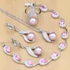 Prata 925 Bijuterias nupciais Conjuntos de pérolas rosa para mulheres brincos de casamento / pingente / anel / zircon bracelete / colar conjunto