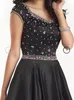 Preto Longo A Linha Modest Vestidos de Baile Com Mangas Cap Colher Pescoço de Cetim Beading Top Adolescentes Meninas Modest Prom Vestidos de Manga Feito Sob Encomenda