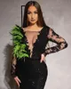 2019 Black Long Sleeves Dresses Prom Dresses Sexy See Through theer Deep V Deck Mermaid Dresses Feather Lace Pageants Vronts259f
