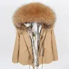 Veste à capuche en fourrure de raton laveur marron pour femme, veste chaude, doublure en fourrure de lapin marron et blanc, mini parkas kaki