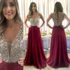 Burgundy Formal Prom Dresses Long 2020 Elegant V-Neck Sleeveless Sparkly Crystals Beaded Bodice A-Line Floor Length Chiffon Evening Gowns