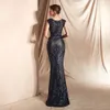 Real Image Champagne Mermaid Evening Dresses Wear Jewel Neck Cap Sleeves Illusion Lace Appliques Sequins Long Formal Party Dress Prom Gowns