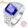 BONLAVIE 925 Sterlingsilber-Platz Sapphire Blue Zircon-Korn-Relief Ring der Männer für Hochzeit und Engagement