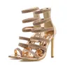Hot Sale Sexy Gold Multi Strappy Stiletto Heels Glitter Rhinestone Sandals Kvinnor Designer Sandaler Bröllop Skor Storlek 35 till 42