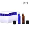 Amber Cobalt Blue Glass Roll on Flessen 10 ml voor essentiële oliegebruik 24pcs / witte doos Inclusief roestvrijstalen roller Black Cap Opener