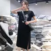Oneimirry New Short Sleeve Korean Women Dress Casual Graphic Print Tshirt Dresses Girl Black O Neck Slim Vestidos Verano 2020