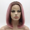 Iwona Cabelo Em Linha Reta Curto Raiz Escura Rosa Ombre Peruca 1 # 1/2334 Metade Mão Amarrada Resistente Ao Calor Dianteira Do Laço Sintético Perucas