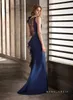 Syrenka Koronki Zroszony 2020 Afryki Suknie Wieczorowe Satin Navy Blue Prom Dress Sexy Tanie Formalne Party Suknie