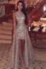 Crew 2019 New Neck Sequins High Low Prom Dresses Sparkling Sleeveless Lace Sweep Train Formal Party Evening Gowns BC1955