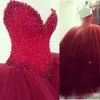 Sexy Dark Red Quinceanera Dresses Ball Gown Sleeveless Crystal Beading Glitter Bury Long Floor Length 15 Party Dress Prom Evening Gowns 403
