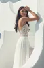 Abiti da sposa a-line da spiaggia gioiello collo illusione pizzo appliqued sexy abito da sposa boho abiti da sposa in chiffon su misura spaccature vestidos de novia