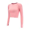 Women's Pink Seamless Long Sleeve Crop Top Yoga Shirts with Thumb Hole Running Fitness Workout Seamless Top Shirts