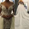 Sexy Mermaid Dresses Crystal Beaded Lace Illusion Long Sleeve Detachable Train Bride Gowns Custom Made Wedding Gown
